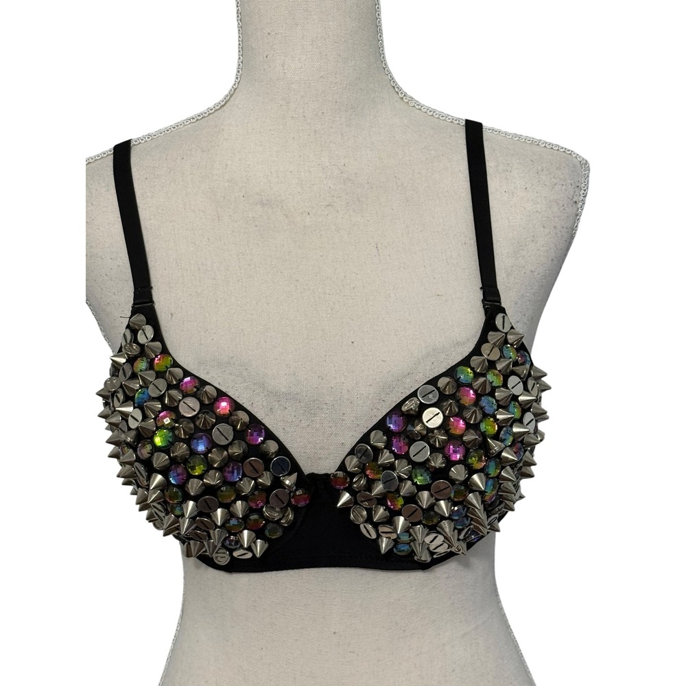 Pleasure Bound Spiked Rhinestone Bra Black Rainbow Studded Punk Rave Wear 36C